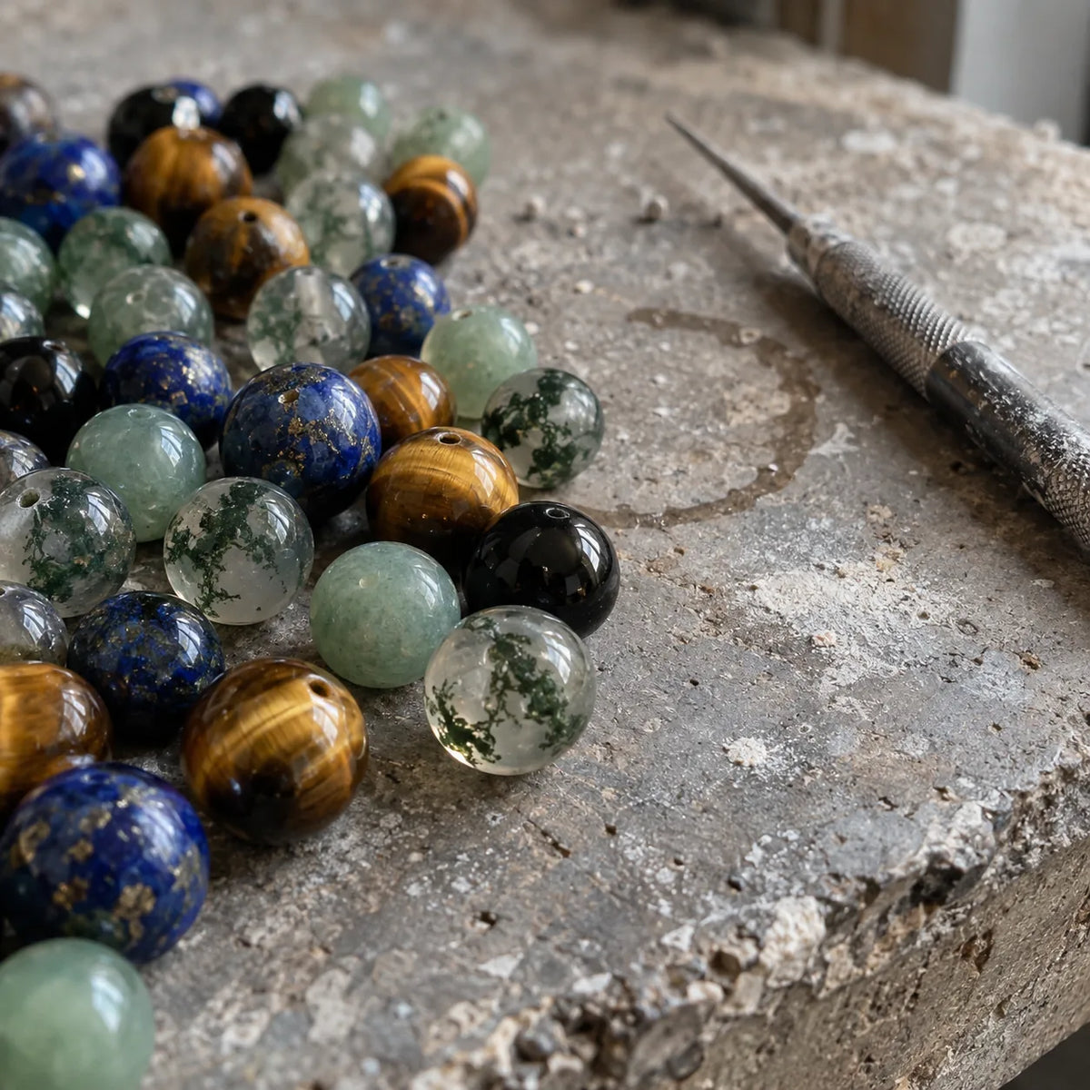 Assorted natural stone beads: tiger eye, lapis lazuli, moss agate and aventurine