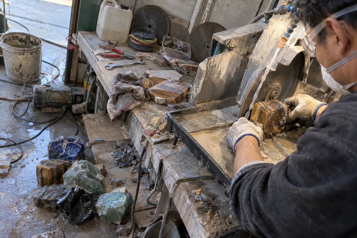 Rough natural stone being cut and shaped before it becomes a bead