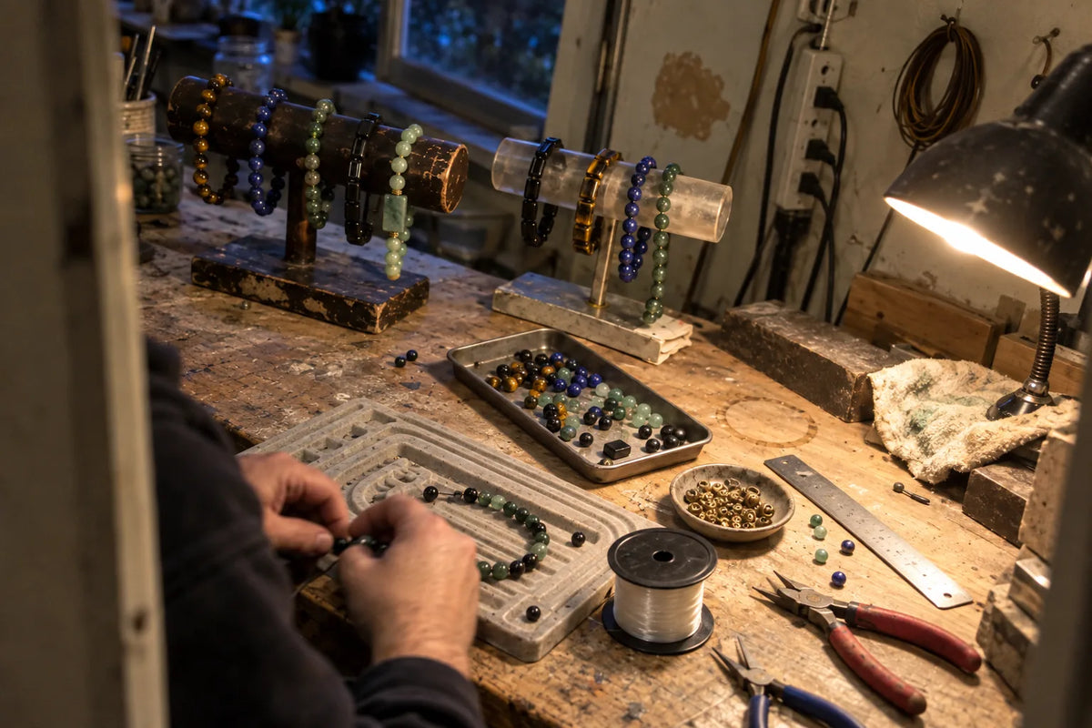 Hand-assembling a beaded bracelet at the workbench